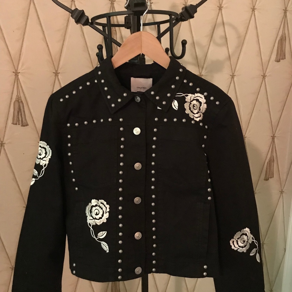 Cinq à Sept "Fatima" denim jacket with floral-embroidery and studded trim.